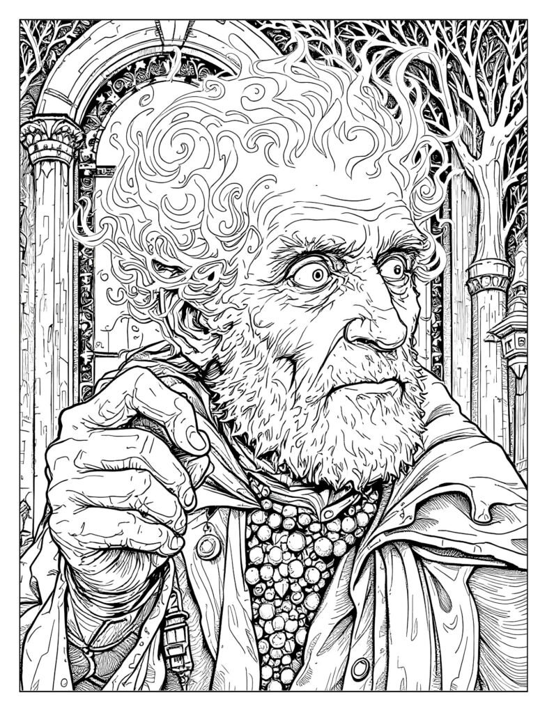 Ethereal Ghost of Christmas Past, depicted with a glowing head and holding an extinguisher cap.