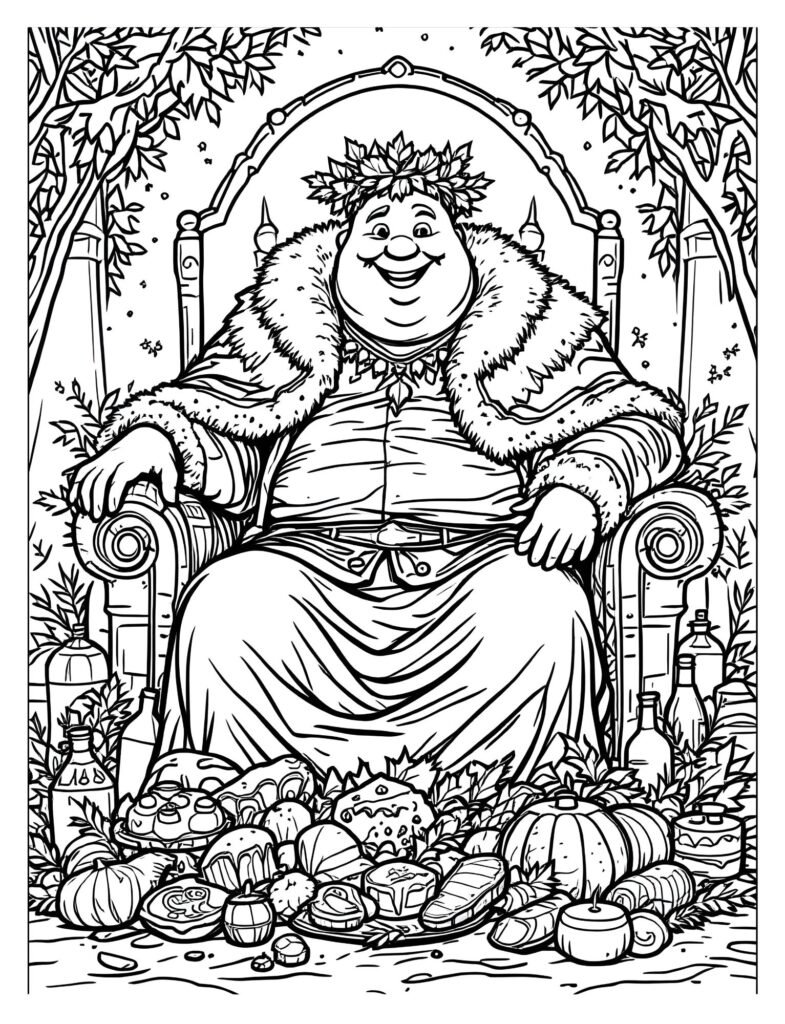 Large, jovial Ghost of Christmas Present, crowned with holly, wearing a deep green robe and sitting among a huge pile of festive food.