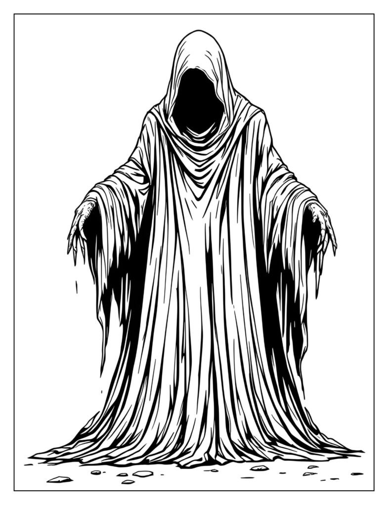 Dramatic, intimidating drawing of the Ghost of Christmas Yet to Come, shown as a tall, silent figure shrouded entirely in a black hooded robe.