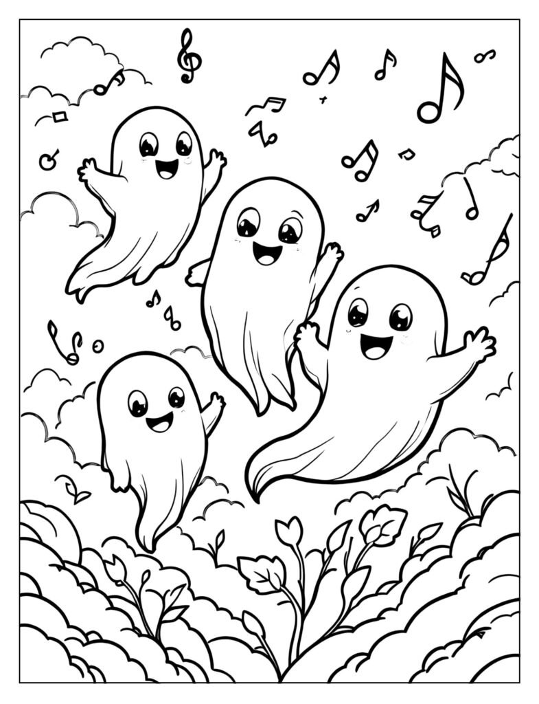 A group of ghosts singing musical notes.