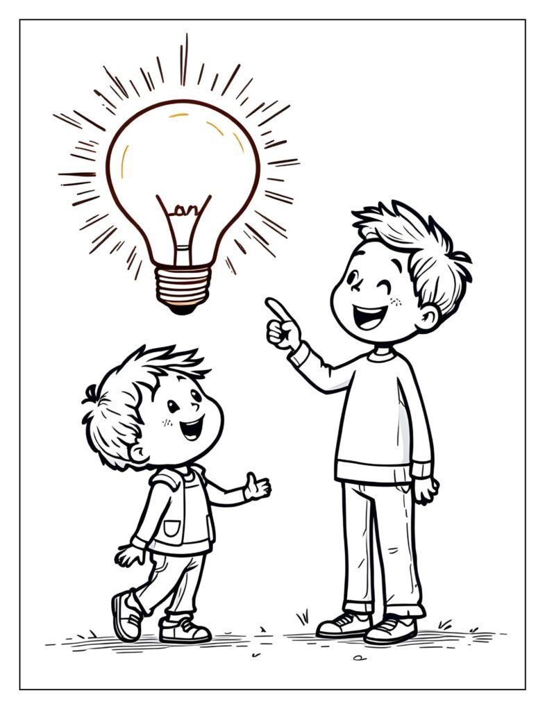 An adult pointing to a bright, glowing lightbulb floating above a child's head, symbolizing a new idea or lesson learned.