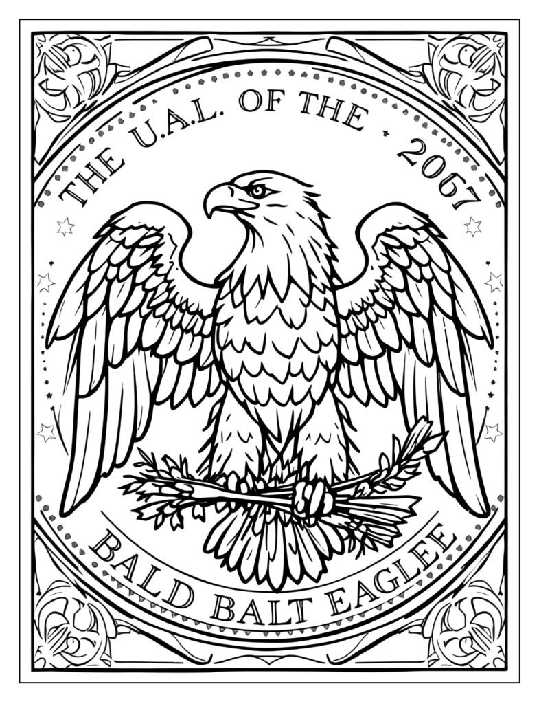 Close-up drawing focusing only on the American Bald Eagle holding the olive branch and arrows from the Great Seal.