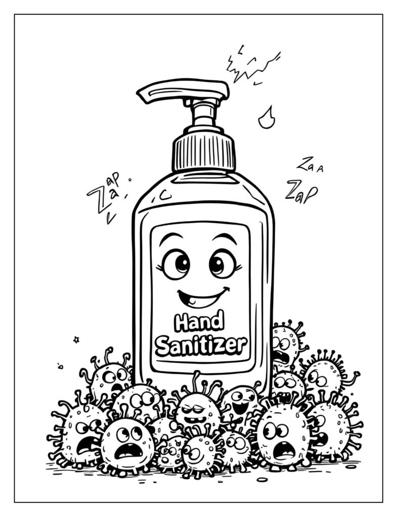 A large bottle of hand sanitizer spraying liquid that zaps a cluster of cartoon germs.
