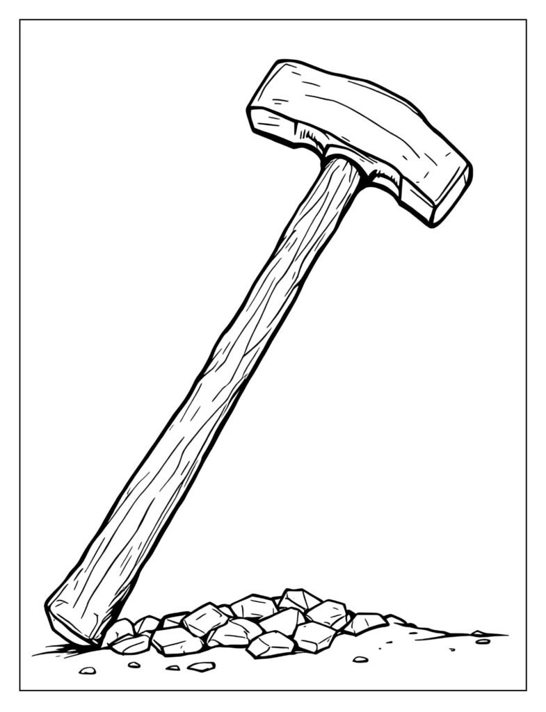 Drawing of a large, heavy sledgehammer with a long handle and a massive, flat metal head.