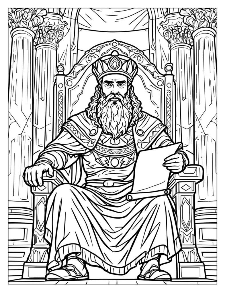King Darius sitting on his throne with a scroll.