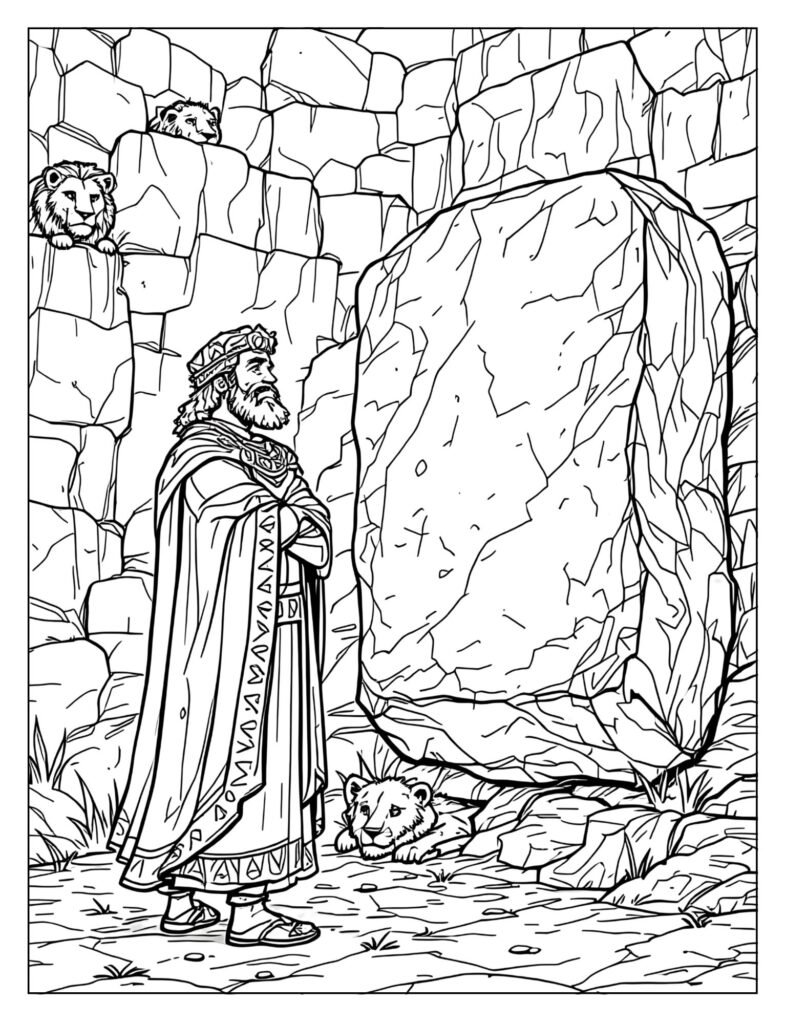 King Darius standing by the stone sealing the lions' den, looking worried.

