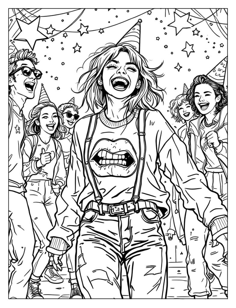 Katy Perry dancing with friends in a nerdy outfit.