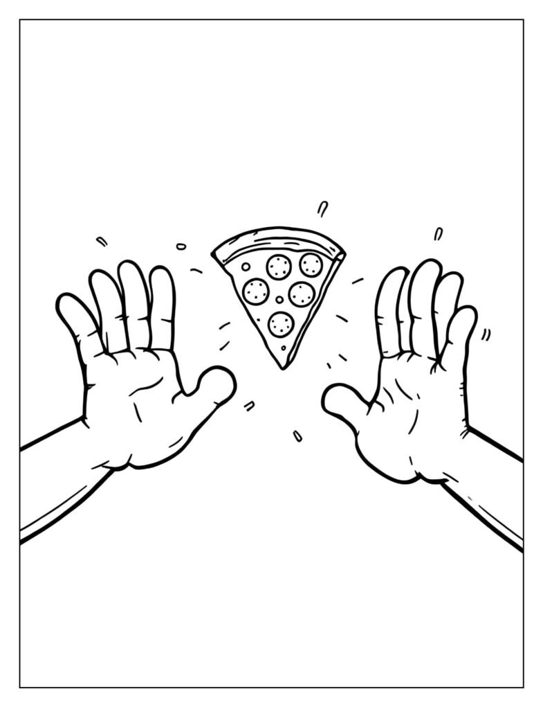 Two cartoon hands reaching from opposite sides to grab the last slice of pepperoni pizza.