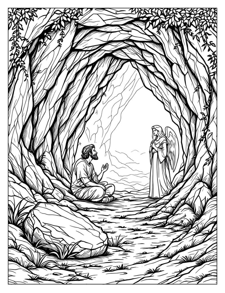 A wide shot of the cave entrance with Daniel and the angel inside.