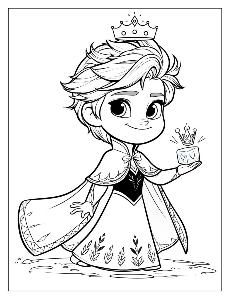 An outline drawing depicting Elsa from Frozen within her enchanting ice kingdom, showcasing the magical elements of her world, ready for coloring.