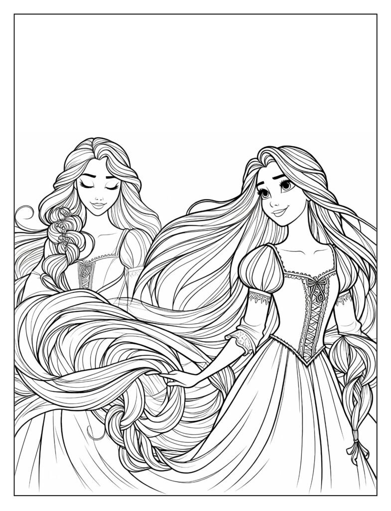 A black and white drawing depicting Rapunzel within her enchanted forest or tower, surrounded by magical elements, ready for coloring.