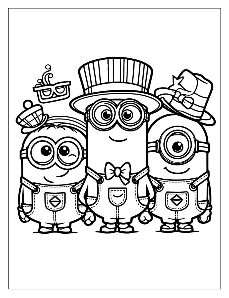 A black and white illustration featuring multiple small images of Minions, each showing a different emotion or mood, designed for coloring.