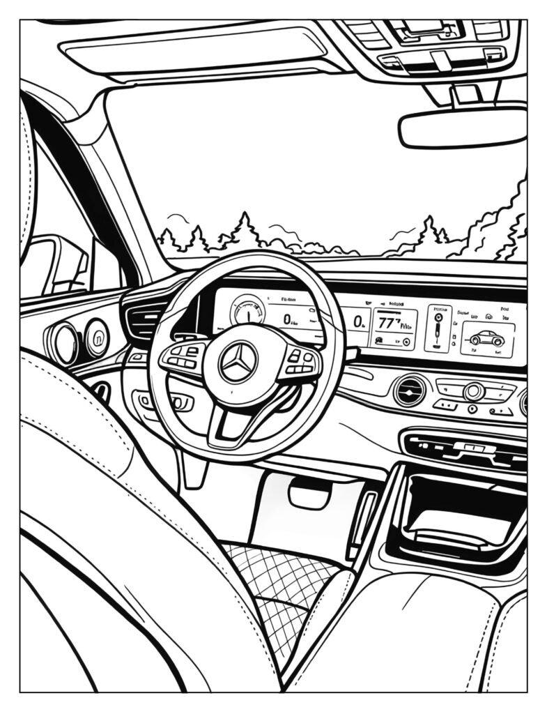 View looking into the modern Mercedes-Benz interior, showing the digital dashboard and steering wheel.