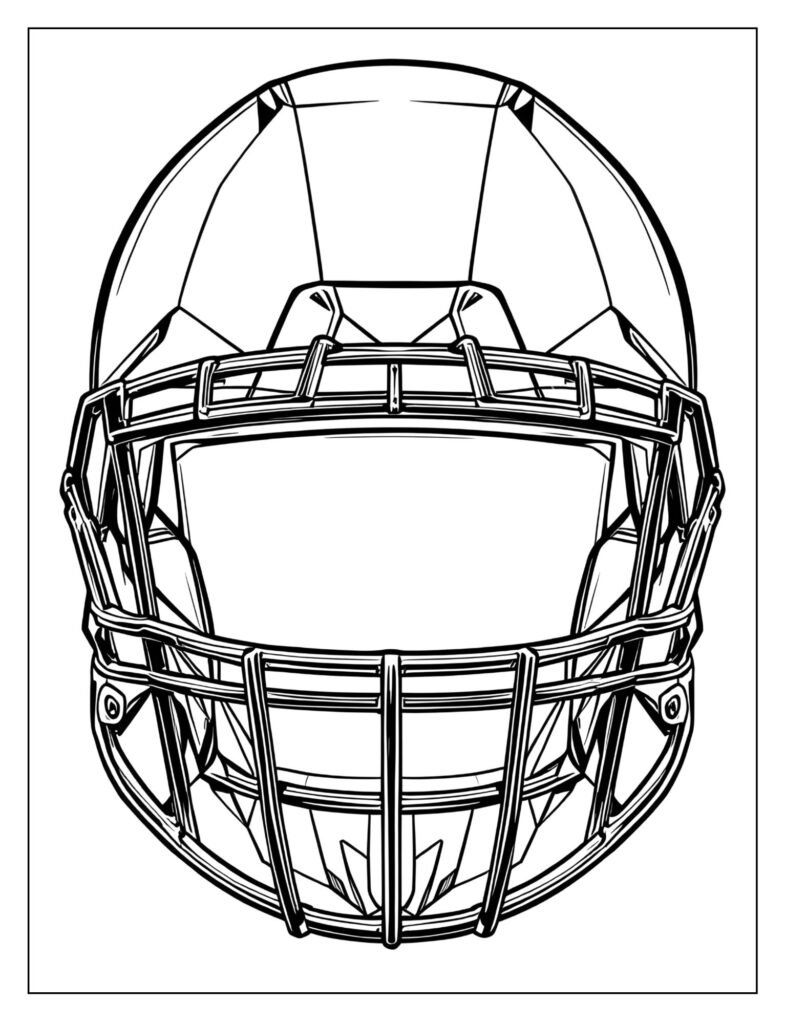 Close-up drawing focusing only on the intricate, geometric facemask with multiple thin bars.
