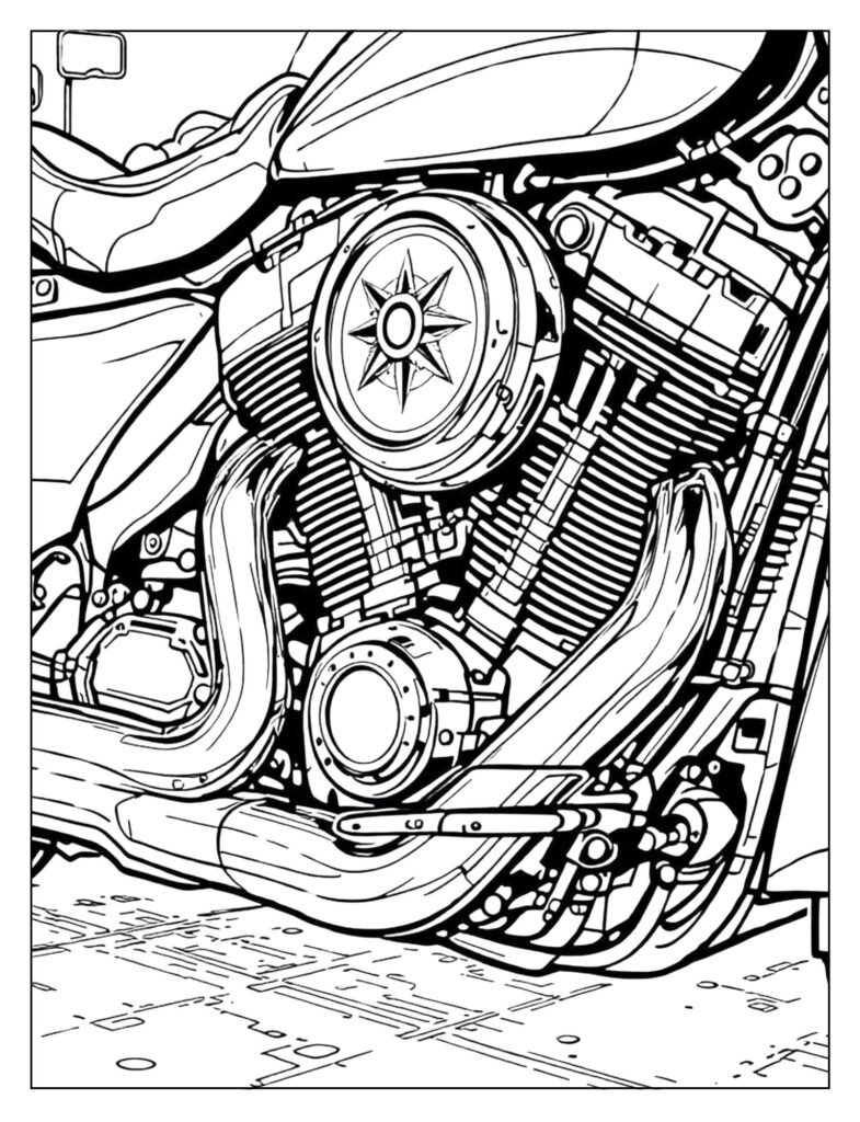 Detailed drawing of the engine and exhaust pipes of a police motorcycle, emphasizing the chrome.