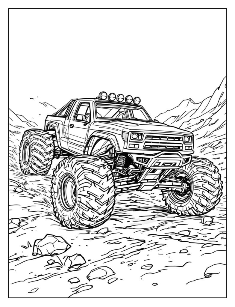  Drawing of a rugged, high-suspension RC monster truck with large, knobby tires.