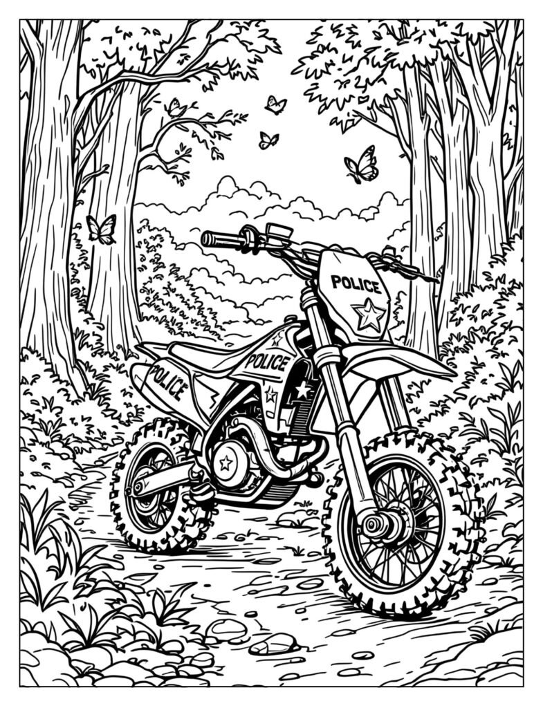 A small, rugged police dirt bike parked on a dirt trail in a forest environment.