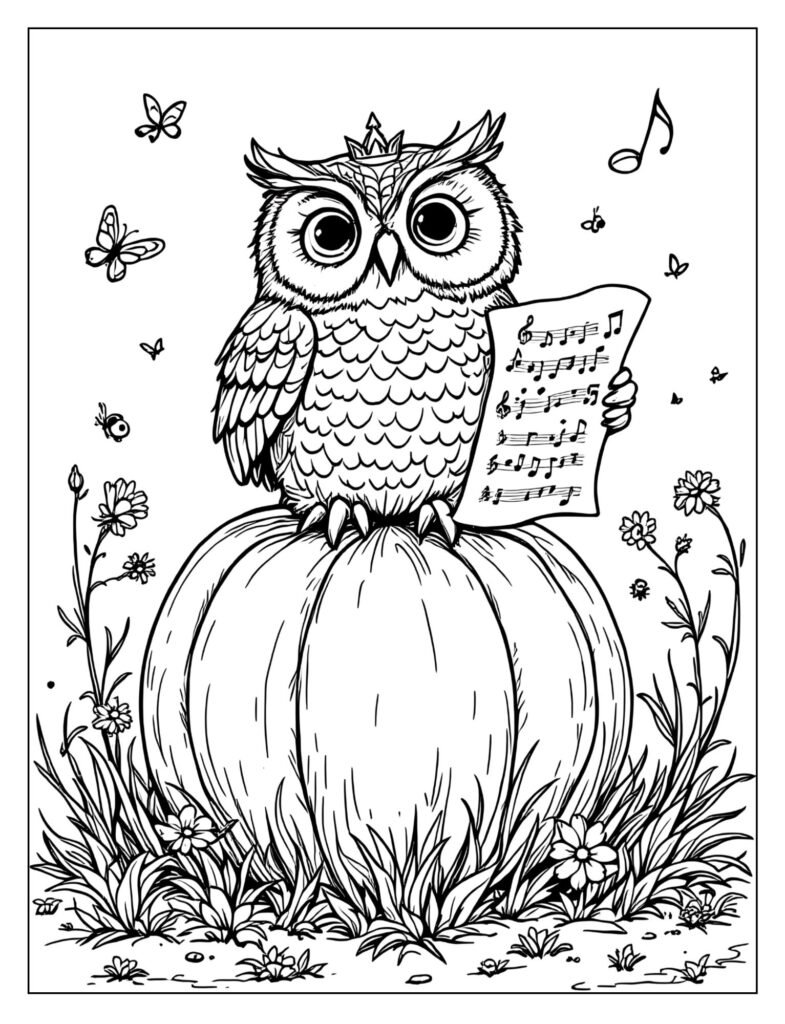 A wise owl on a pumpkin singing and holding a sheet of music.