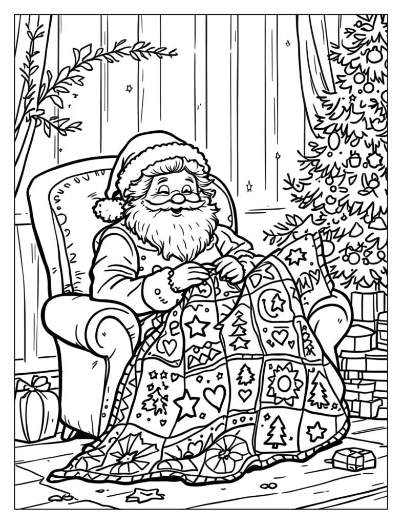 Mrs. Claus seated, busy stitching a beautiful Christmas-themed patchwork quilt by hand.