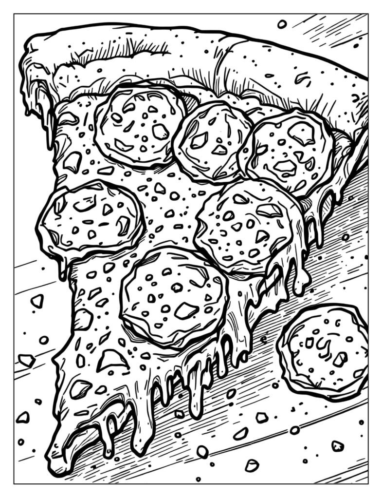 A close-up, detailed drawing of a single slice of pepperoni pizza with melted cheese and a baked crust.