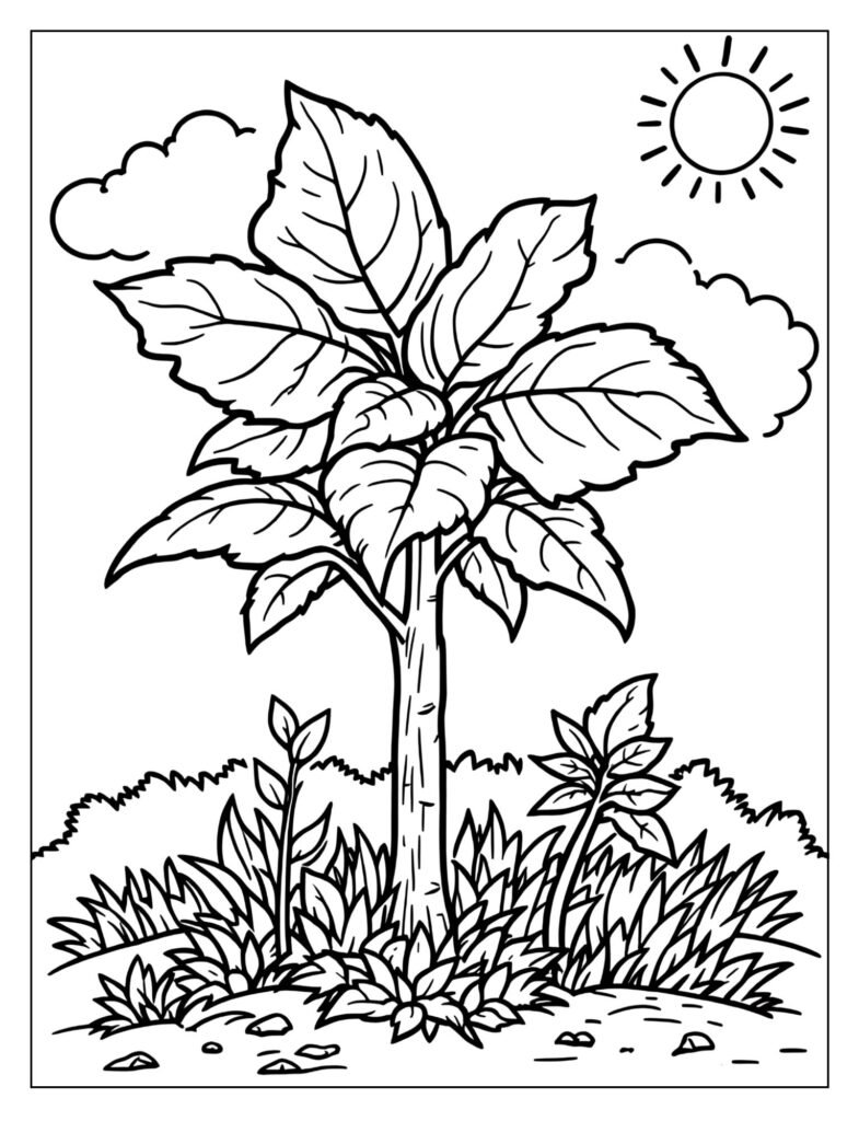 A drawing of a big plant with a small plant and a tiny plant.