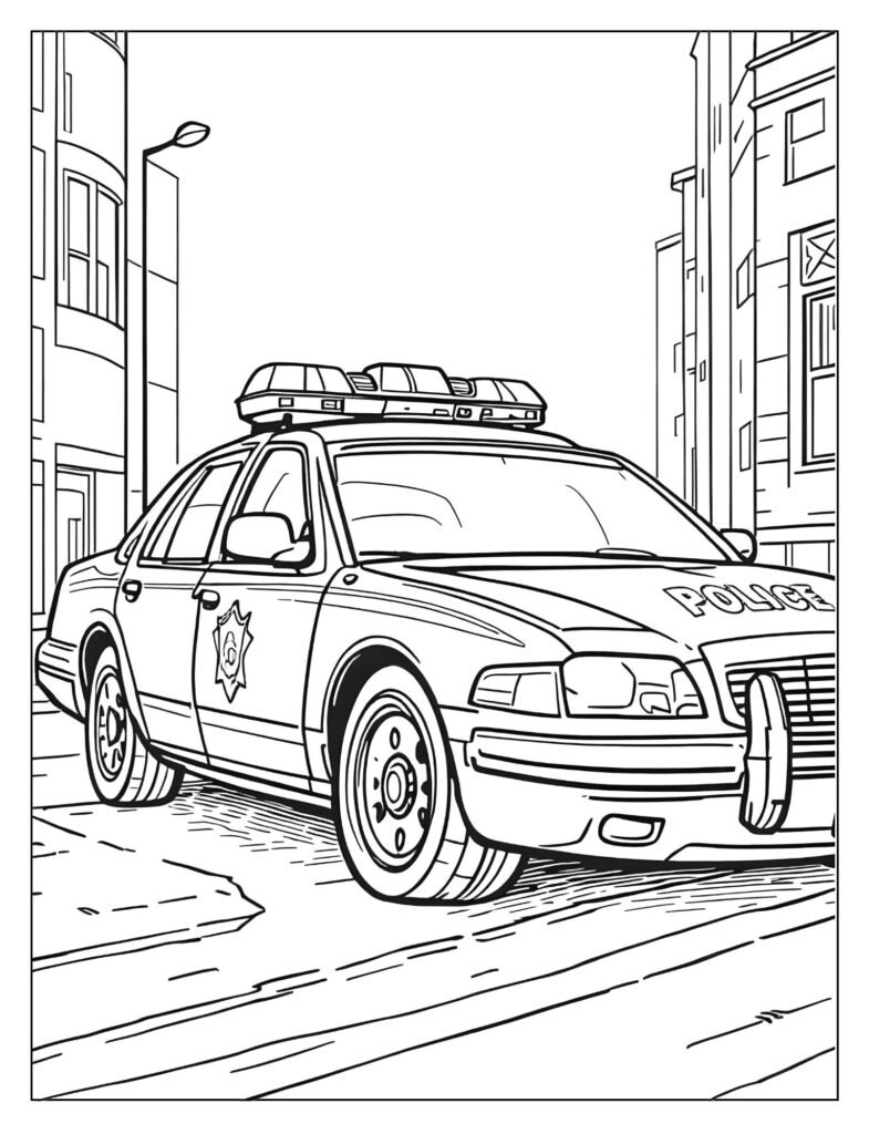 Large, detailed drawing of a police cruiser with a light bar and clear police markings on the doors.