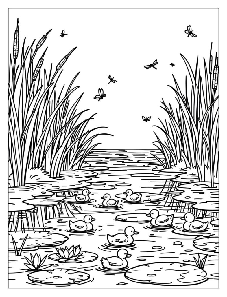 Detailed drawing of a pond environment showing tall cattail reeds, lily pads, and simple insects flying nearby.