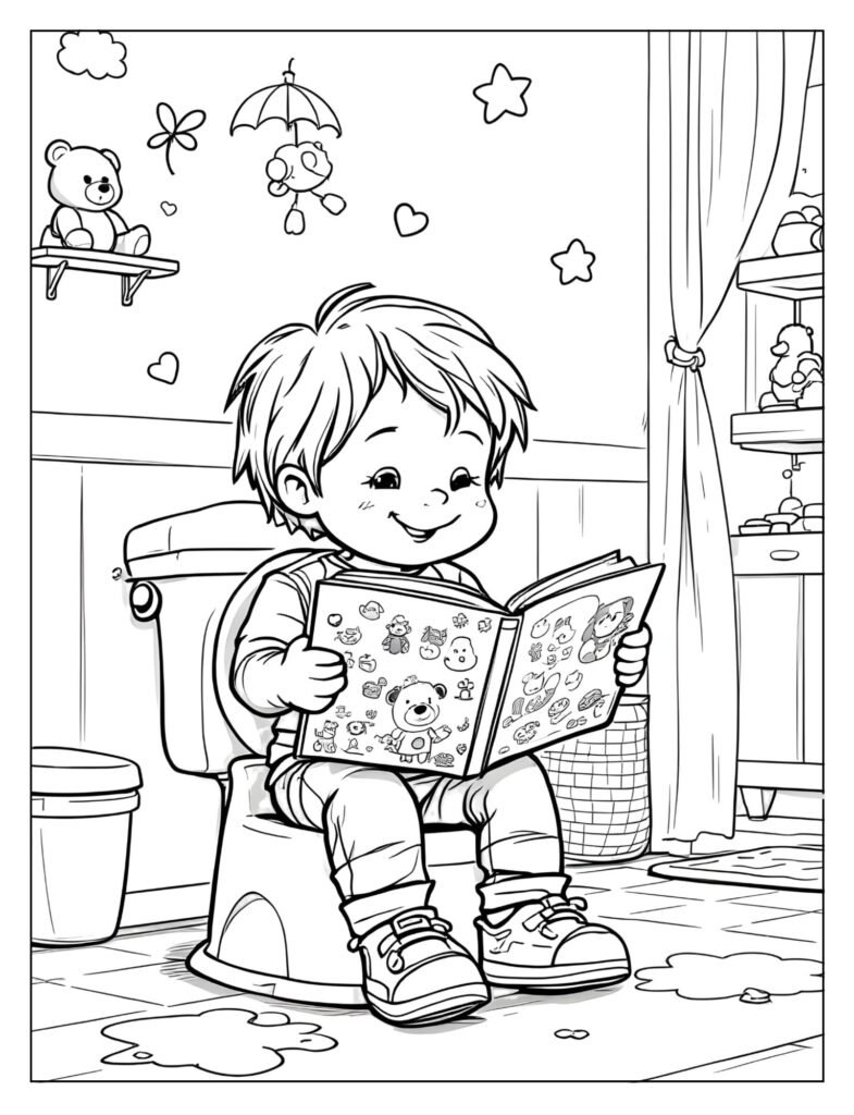 A child sitting on the potty and quietly looking at a book.