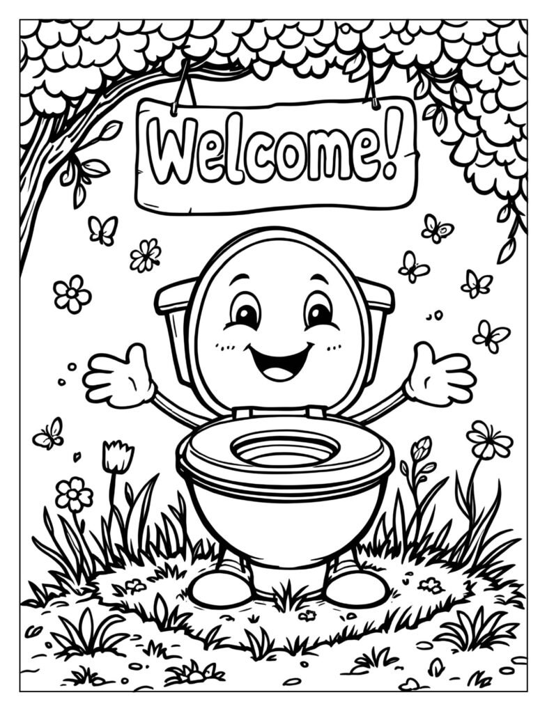  A friendly, smiling cartoon potty chair with a welcome sign.