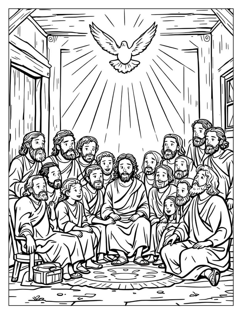 The disciples in a room with a dove flying down to them.