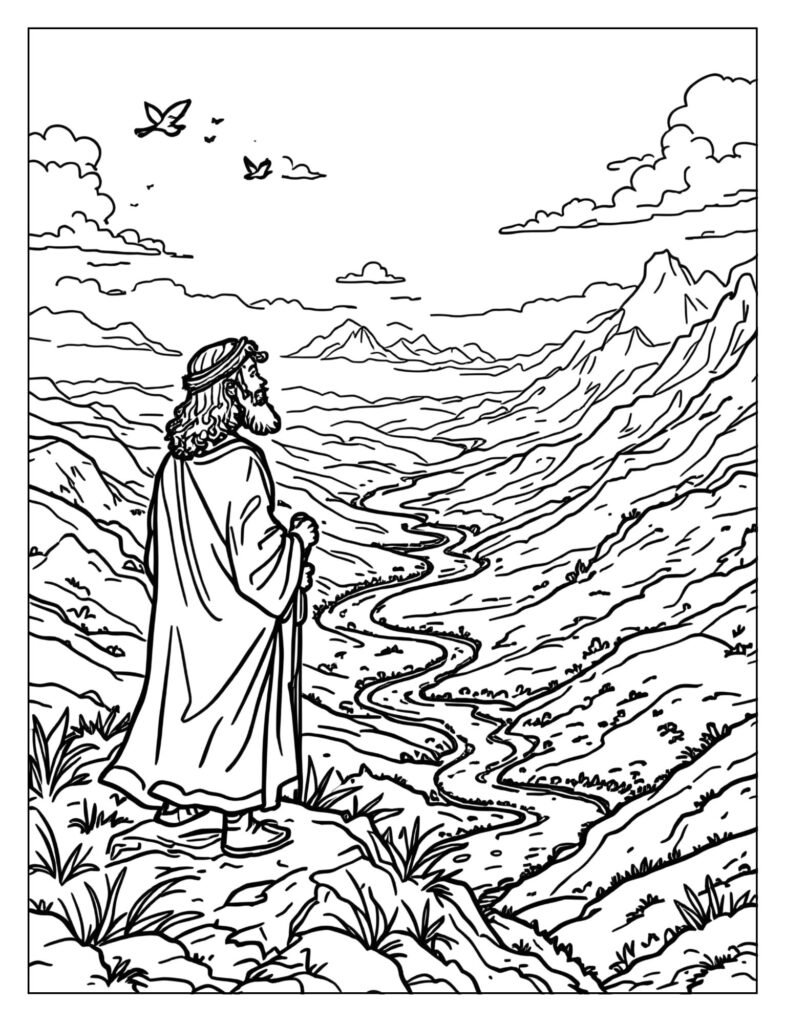 Moses looking down at the Promised Land from a mountain.

