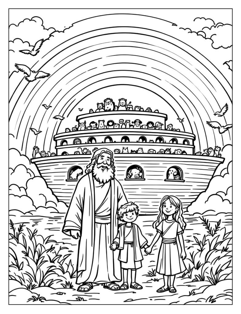 Noah and his family with a big rainbow and the ark.
