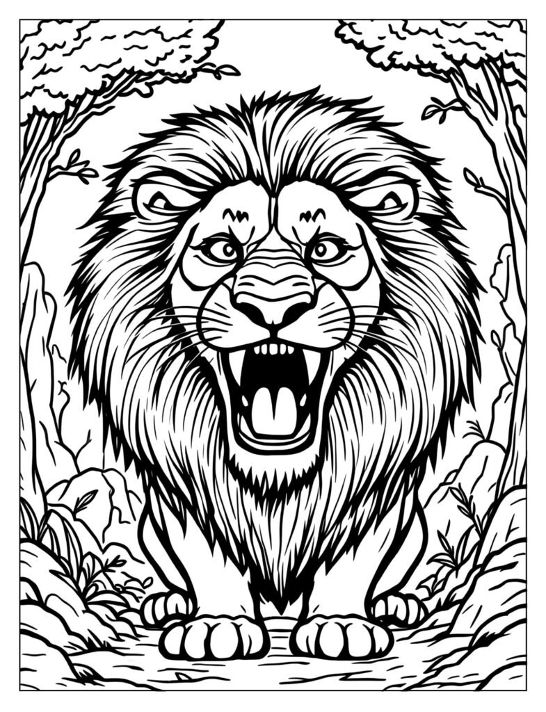 A roaring lion with sharp teeth.