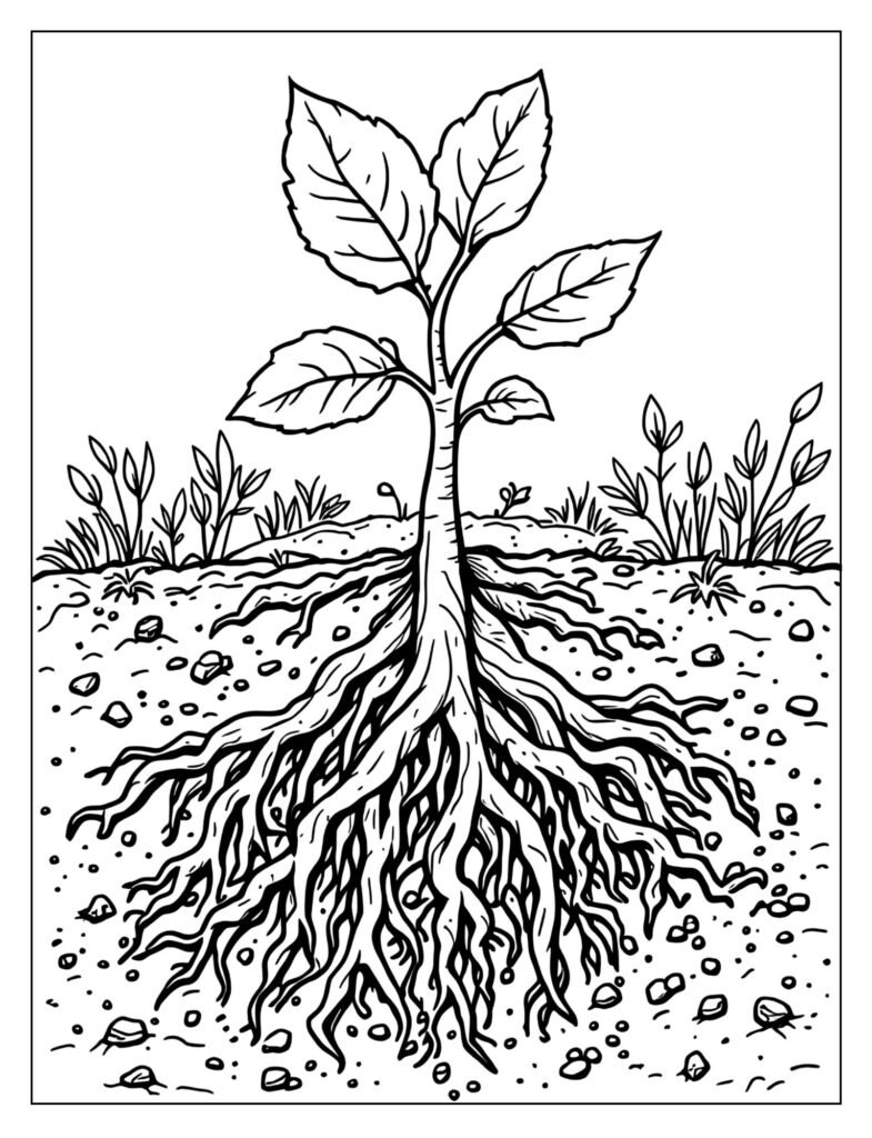 A detailed drawing of a plant's roots spreading into the soil.