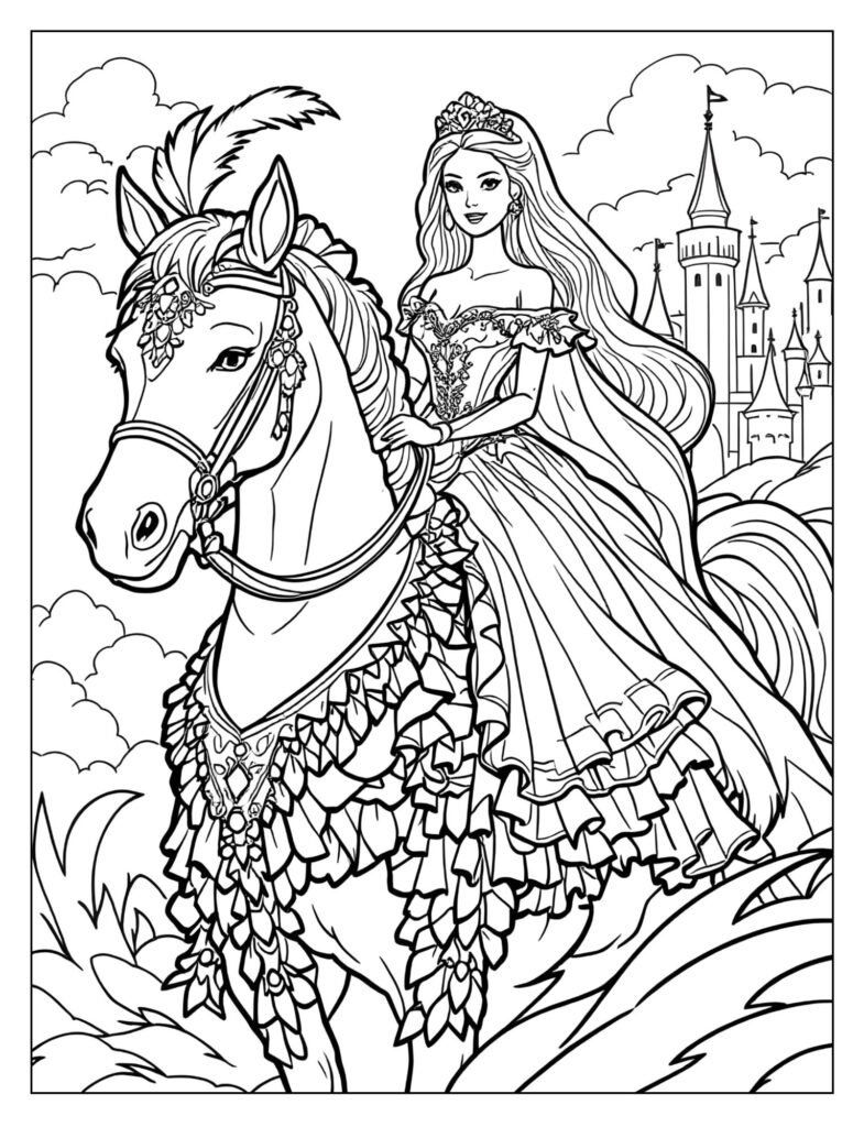 Barbie in a long royal gown riding a horse adorned with decorative plumes and a fancy parade bridle.