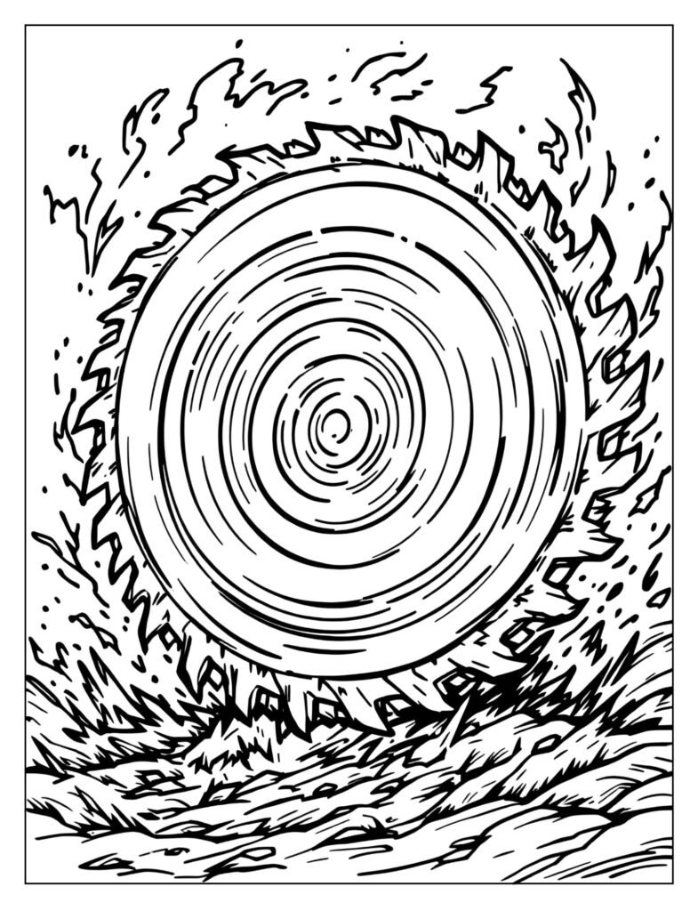 Large, circular, menacing saw blade obstacle with sharp teeth drawn clearly on a wall.