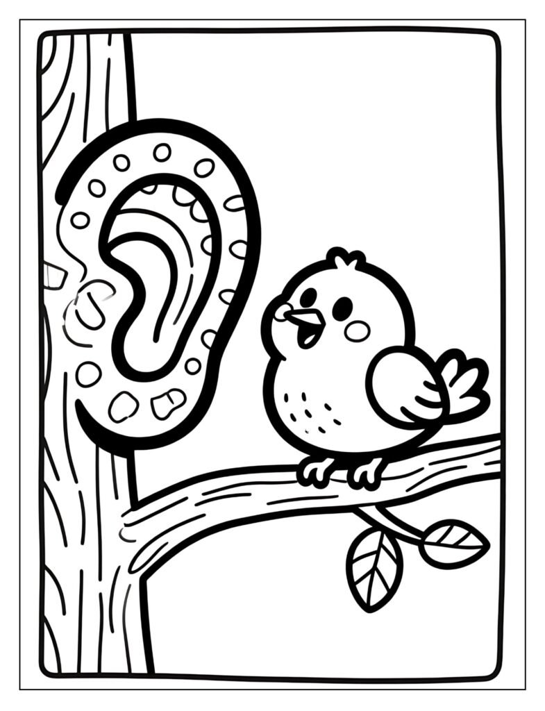 A large ear listening to a bird singing on a branch.