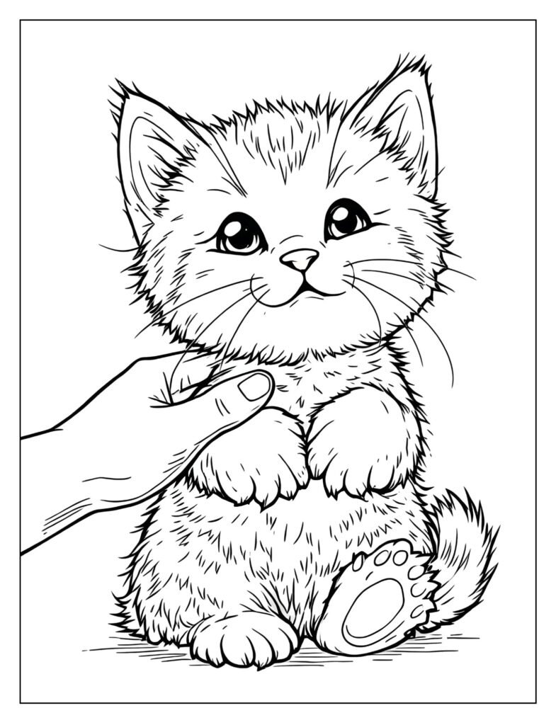 A hand petting a fluffy kitten.