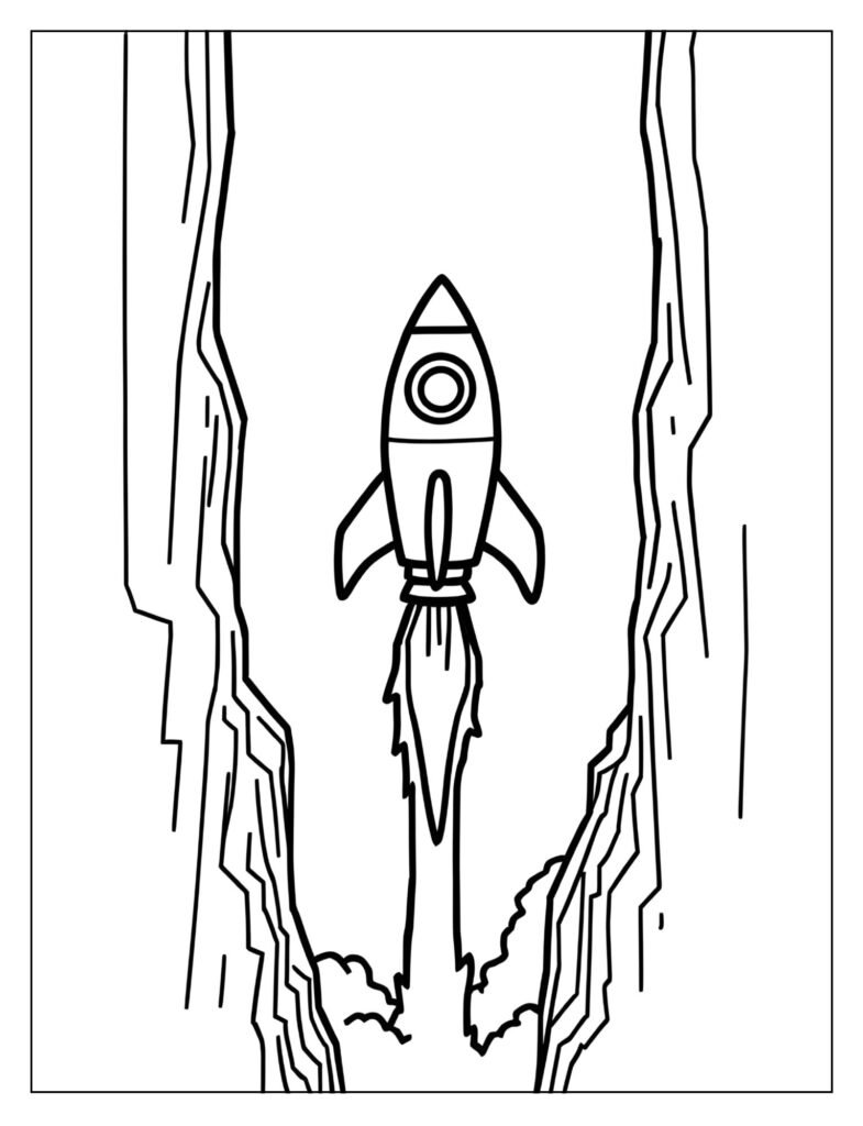 Drawing of the Ship icon flying through a narrow, horizontal gap between two jagged ceiling and floor outlines.