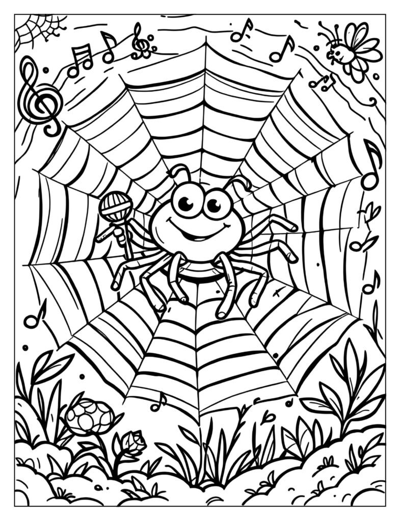 A spider with a tiny microphone singing in its web.