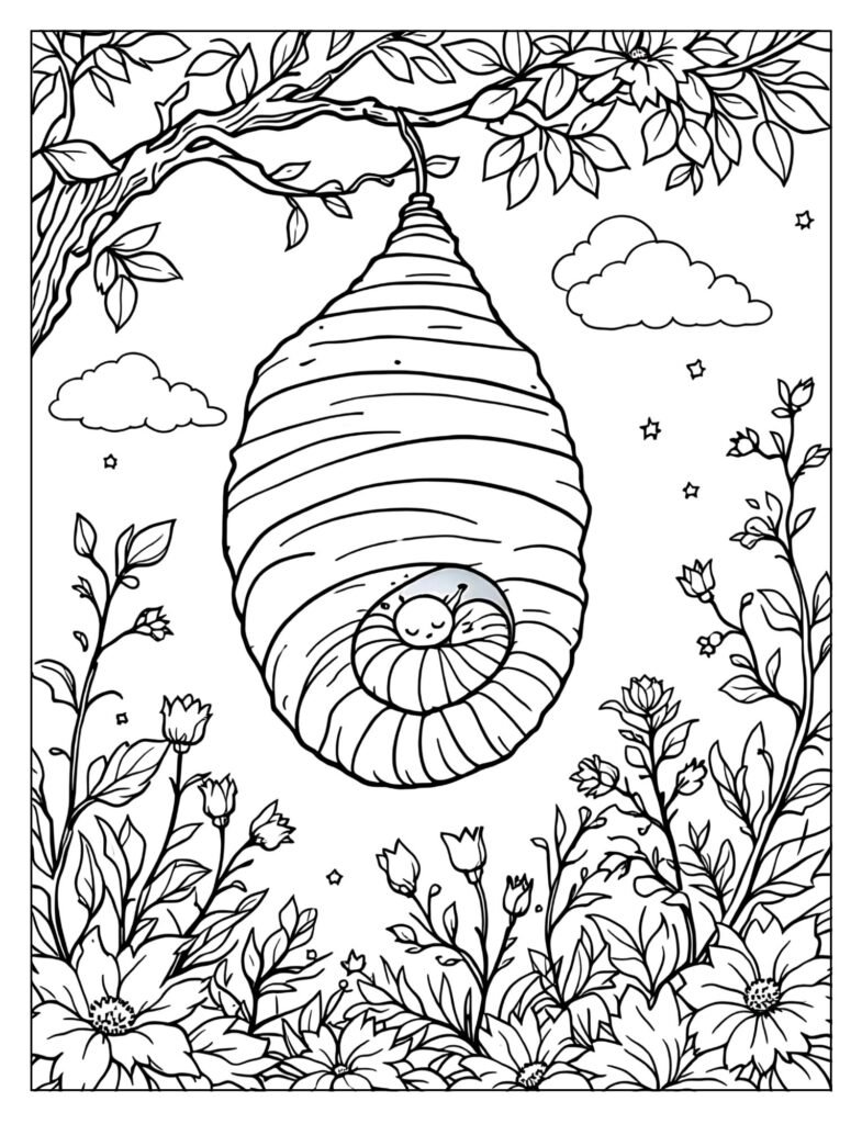The caterpillar sleeping peacefully inside its chrysalis.