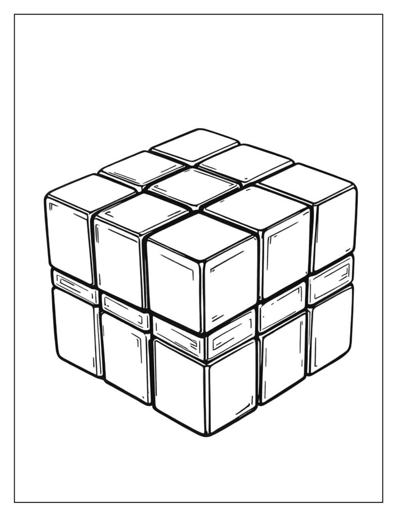 Detailed drawing of a standard 3x3x3 Rubik's Cube in the fully solved state with solid colors on each face.