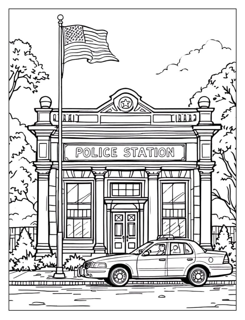 Exterior of a classic, busy police station building with a sign and an American flag flying.
