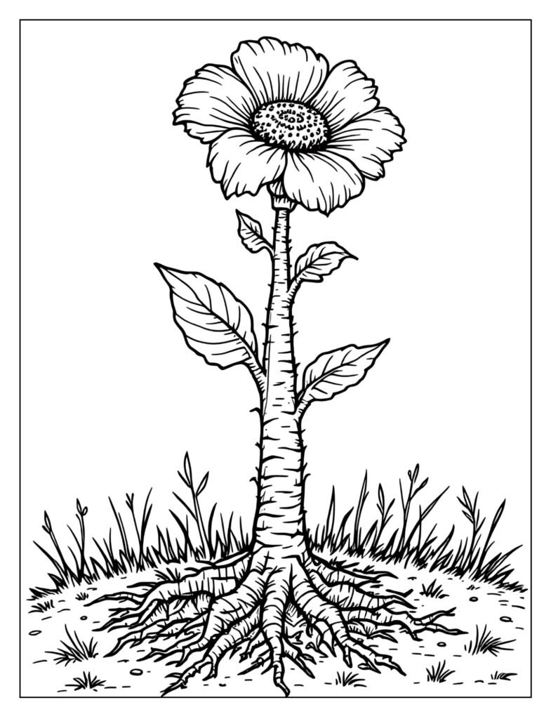 A drawing of a plant's stem connecting a flower and roots.