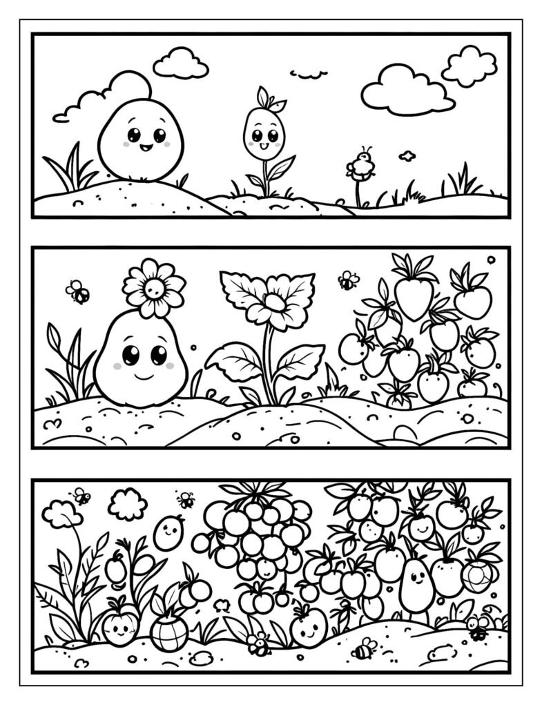 A three-panel drawing showing a seed growing.