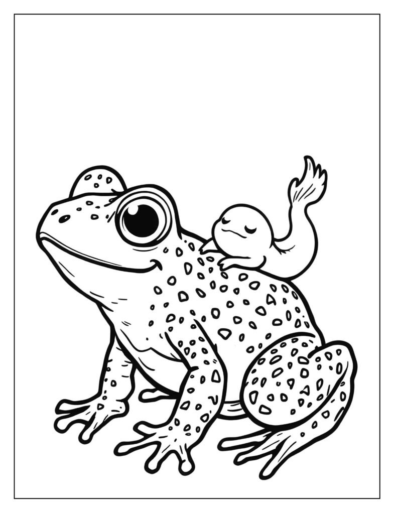 Small, speckled red frog carrying one or two tiny tadpoles piggyback style on its back.