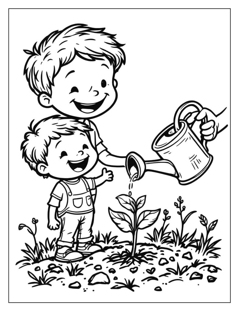 A happy child and a supportive adult tending to a sprouting plant with a watering can, symbolizing growth.