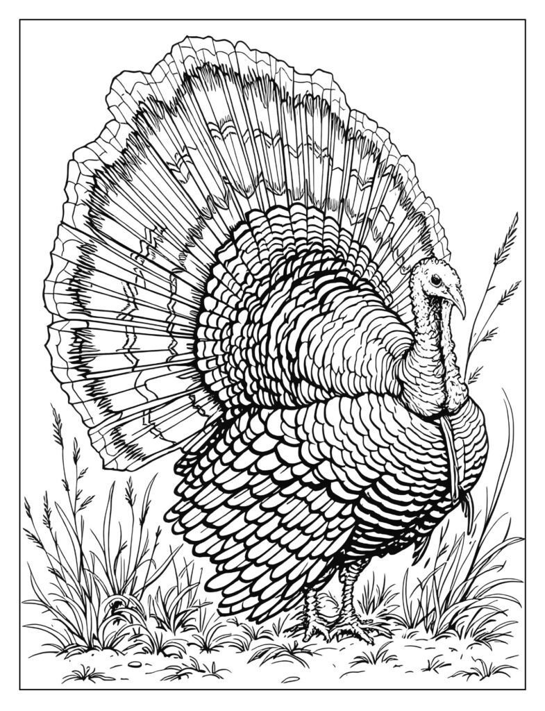 Large, detailed drawing of a wild turkey's entire tail fan spread wide, showing layered feathers.