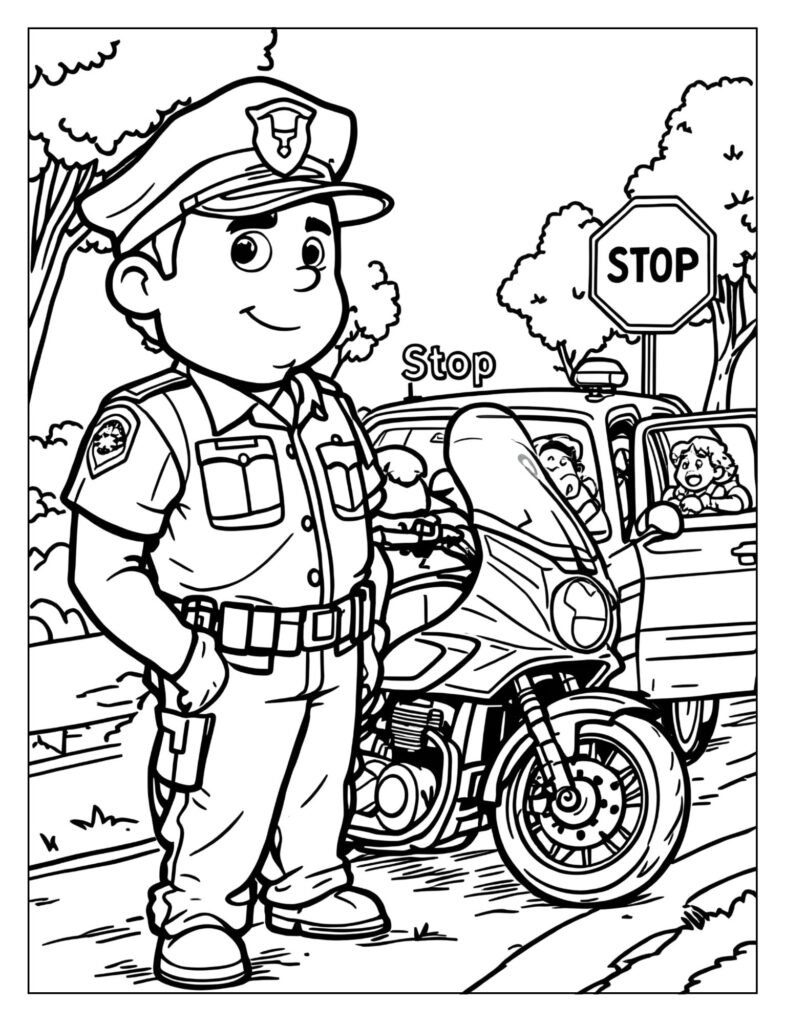 A police officer on a motorcycle parked behind a stopped passenger car.