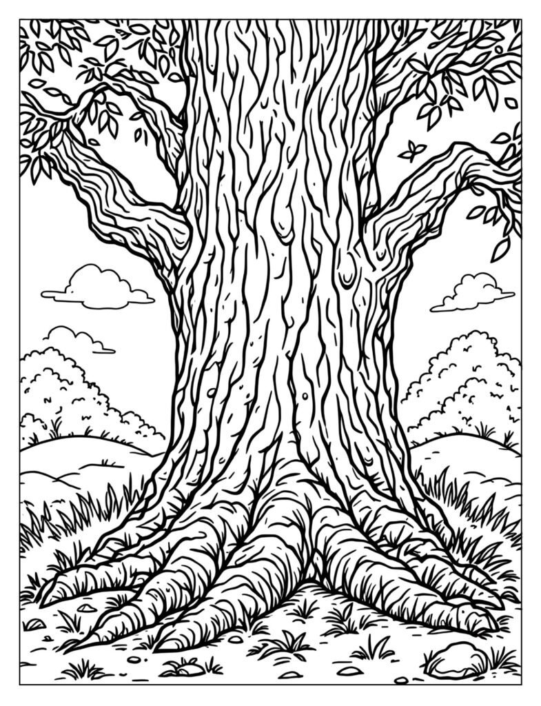 A detailed drawing of a tree trunk with rough bark.